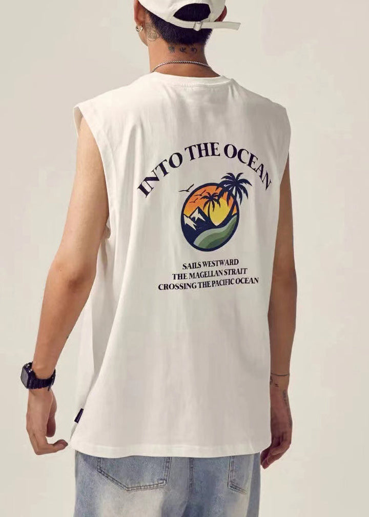 New White O Neck Print Cotton Men Tank Sleeveless