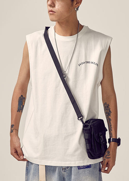 New White O Neck Print Cotton Men Tank Sleeveless