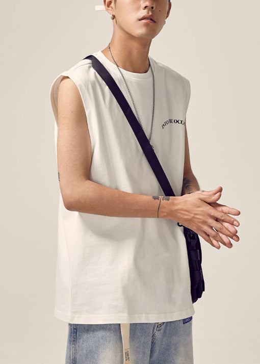 New White O Neck Print Cotton Men Tank Sleeveless