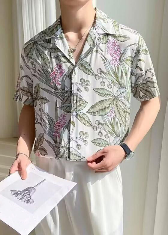 New White Print Button Ice Silk Mens Shirts Summer