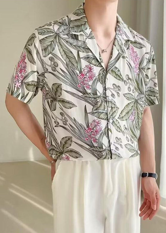 New White Print Button Ice Silk Mens Shirts Summer