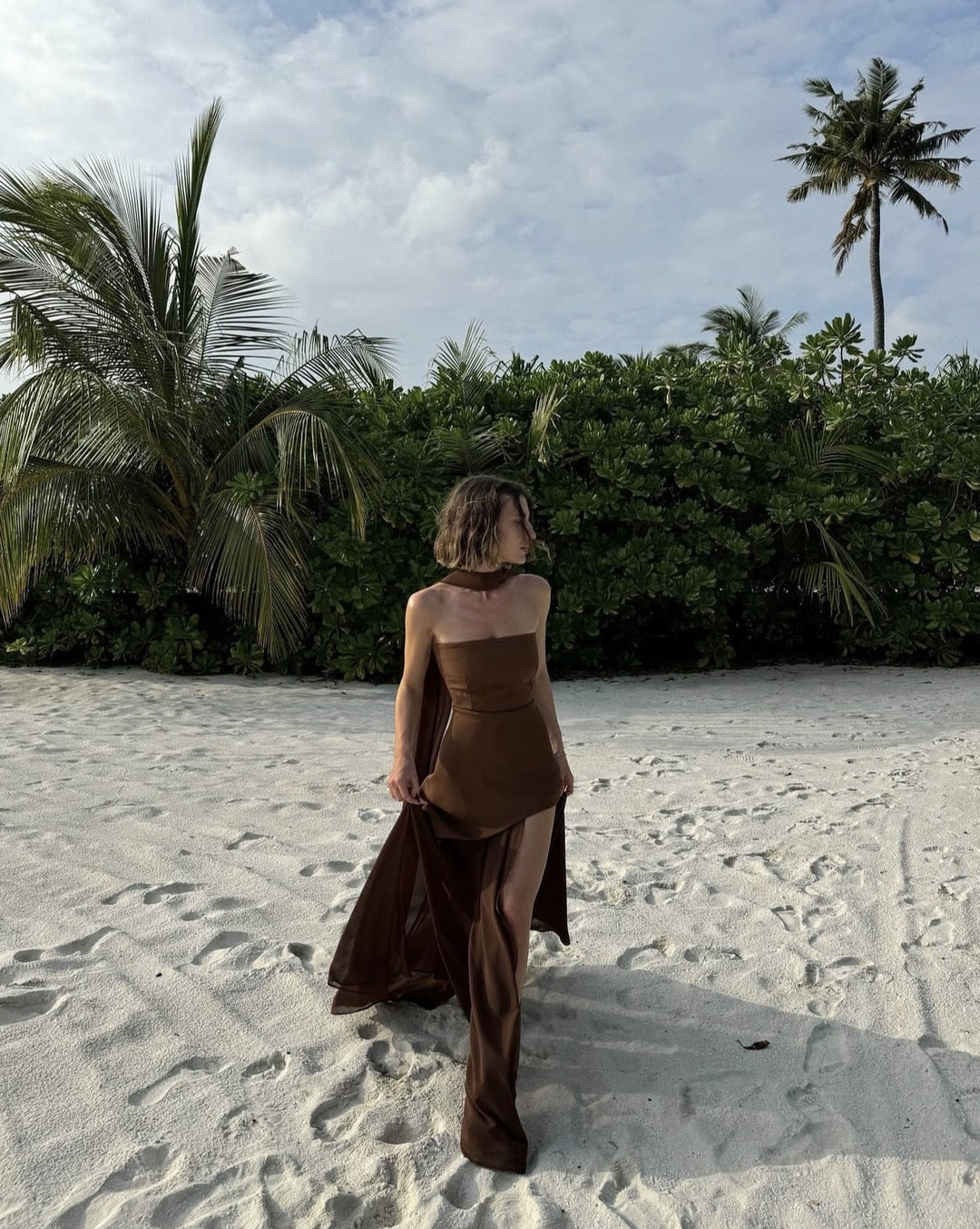 Ariadne - Strapless Patchwork Mesh Asymmetrical Maxi Dress