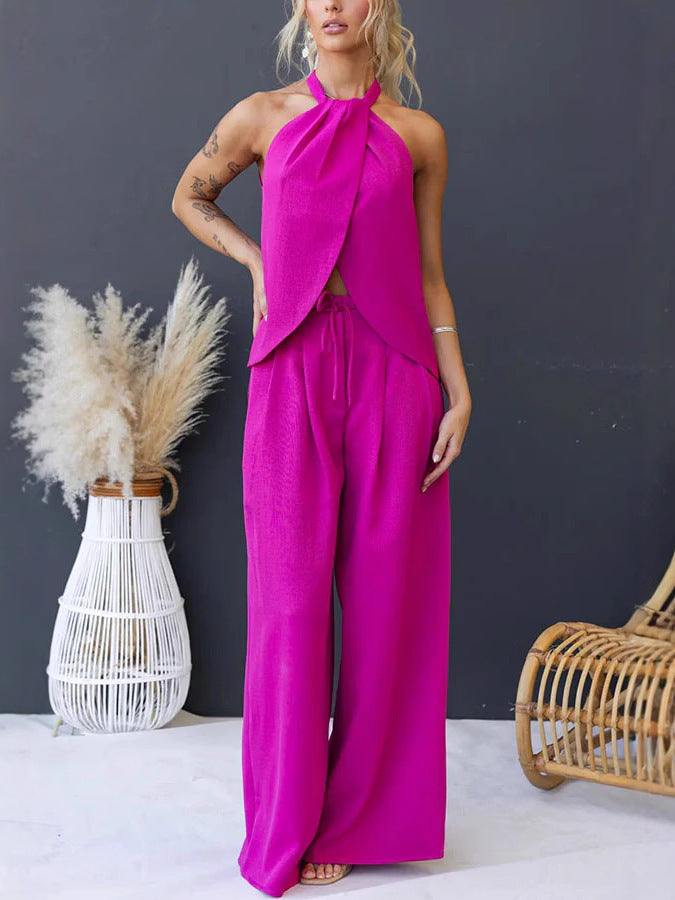 Sleeveless Halter Top & Wide-Leg Trousers Set