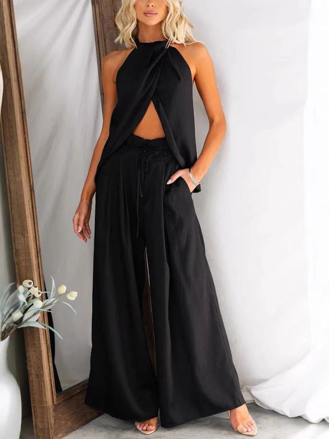 Sleeveless Halter Top & Wide-Leg Trousers Set