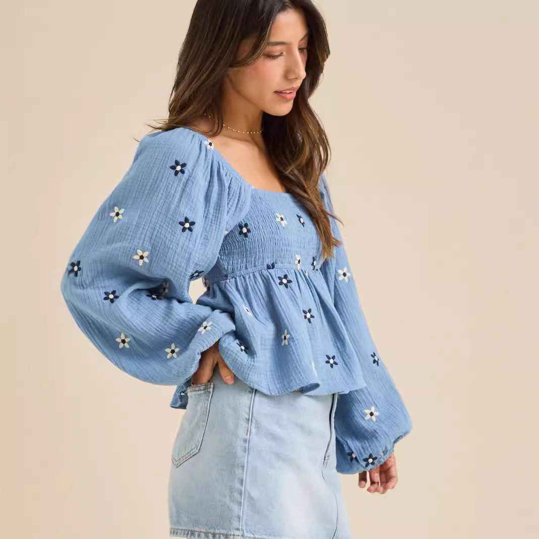 SILA™ - Comfy Floral Pleated Long Sleeve Top