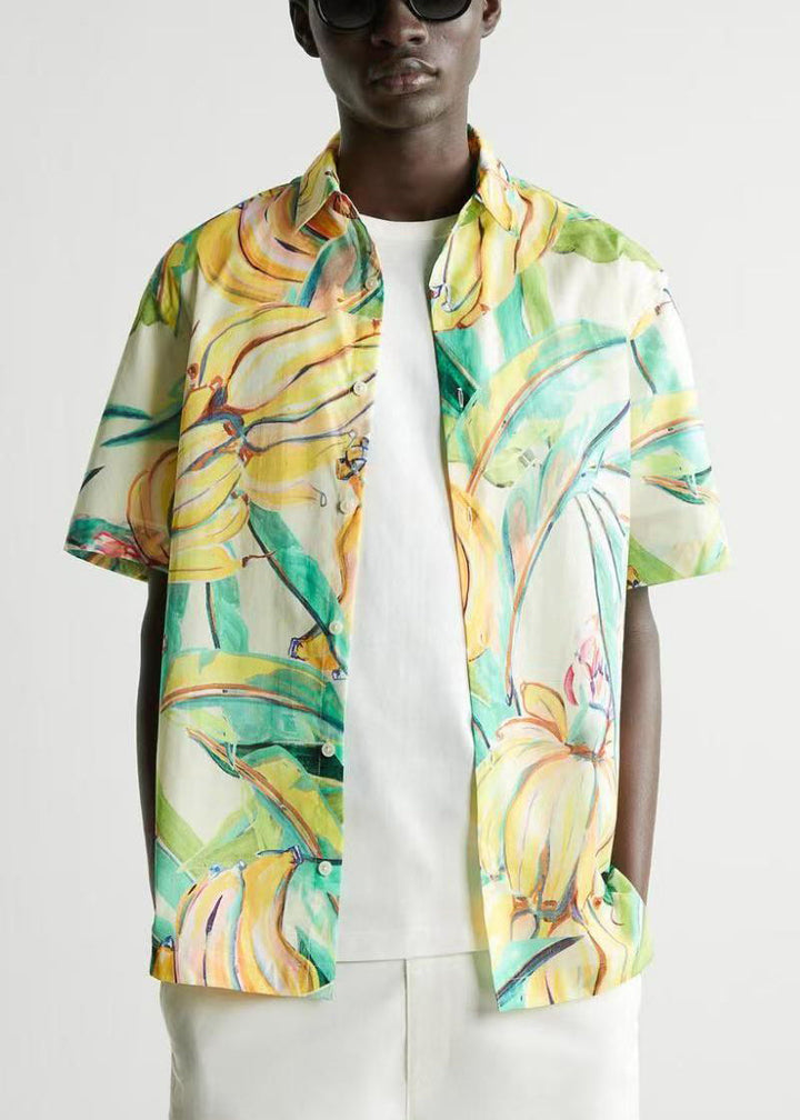 Print Button Cotton Mens Shirts Peter Pan Collar Summer