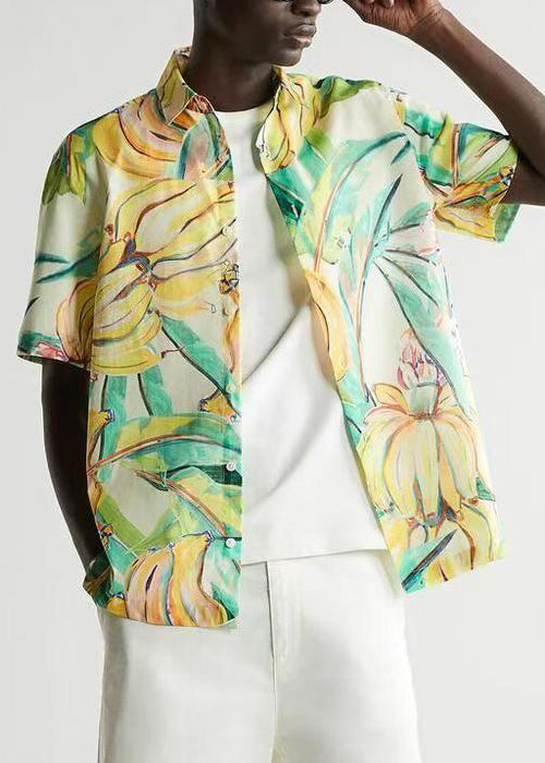 Print Button Cotton Mens Shirts Peter Pan Collar Summer