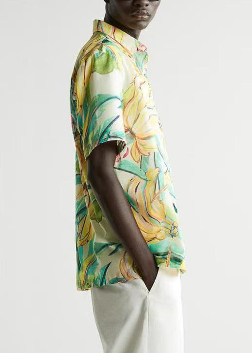 Print Button Cotton Mens Shirts Peter Pan Collar Summer