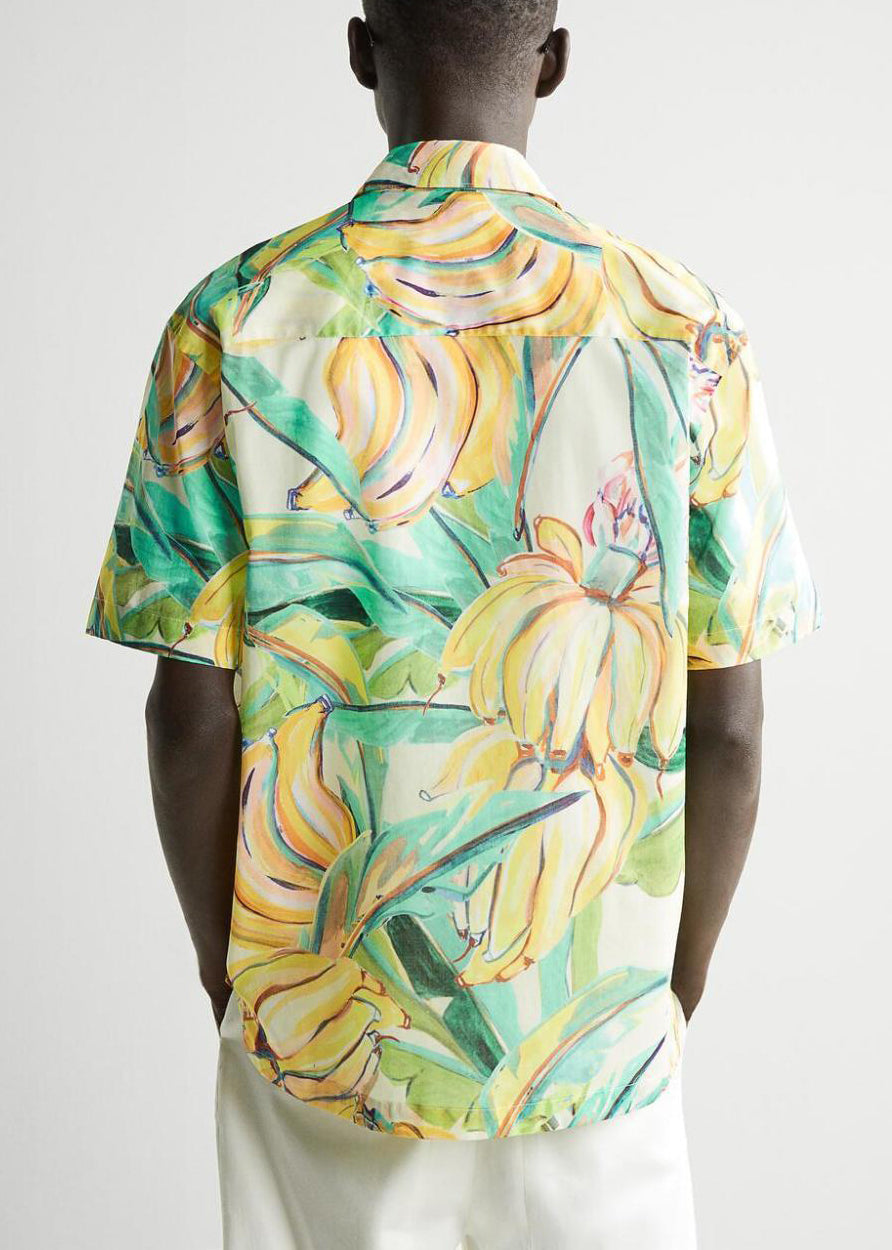 Print Button Cotton Mens Shirts Peter Pan Collar Summer