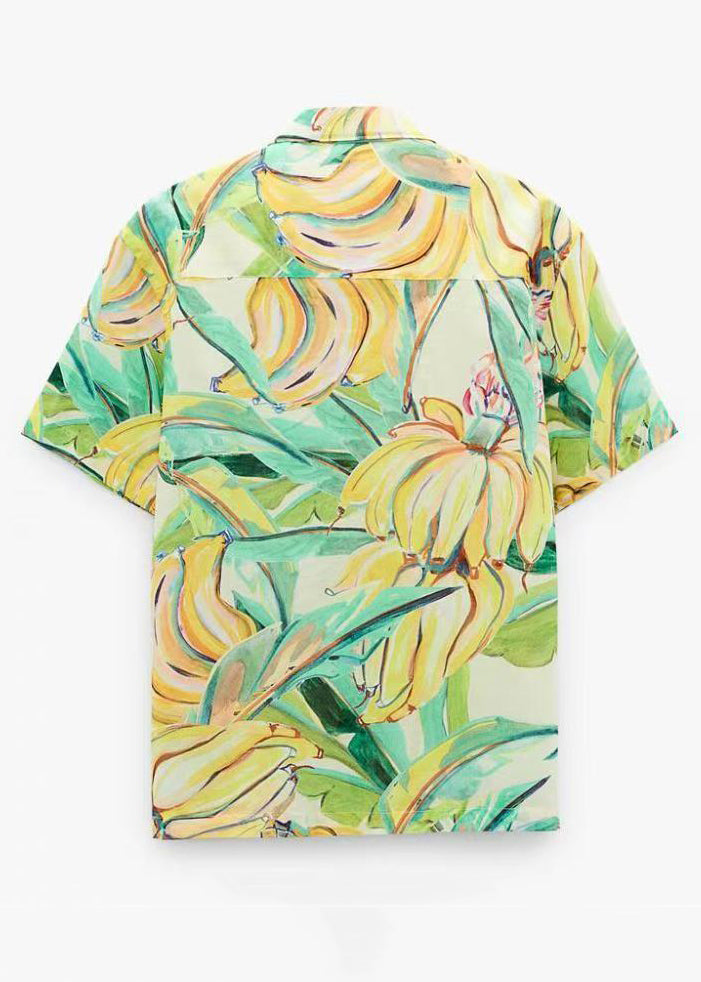 Print Button Cotton Mens Shirts Peter Pan Collar Summer