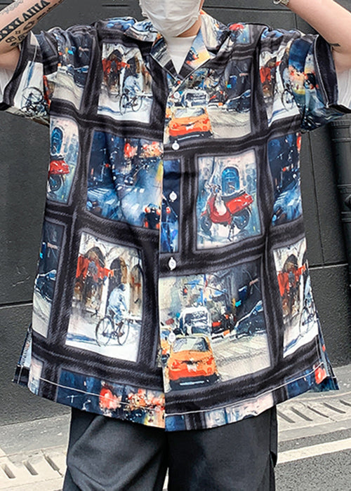 Retro Blue Print Original Design Ice Silk Mens Shirts Half Sleeve