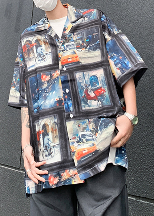 Retro Blue Print Original Design Ice Silk Mens Shirts Half Sleeve