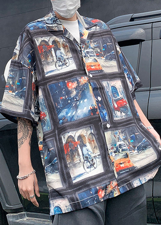 Retro Blue Print Original Design Ice Silk Mens Shirts Half Sleeve