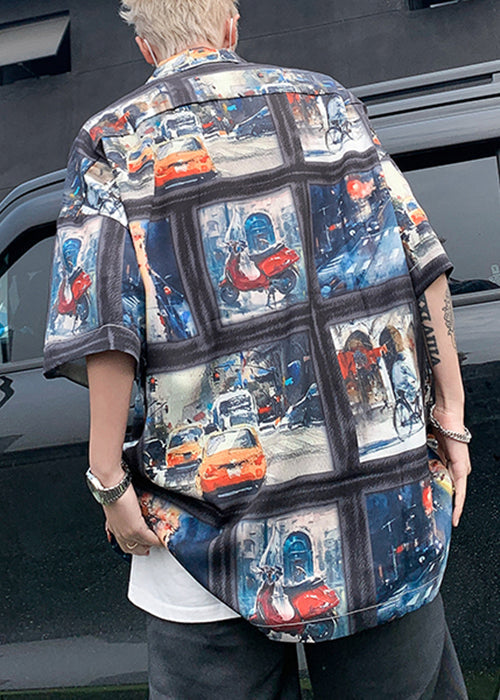 Retro Blue Print Original Design Ice Silk Mens Shirts Half Sleeve