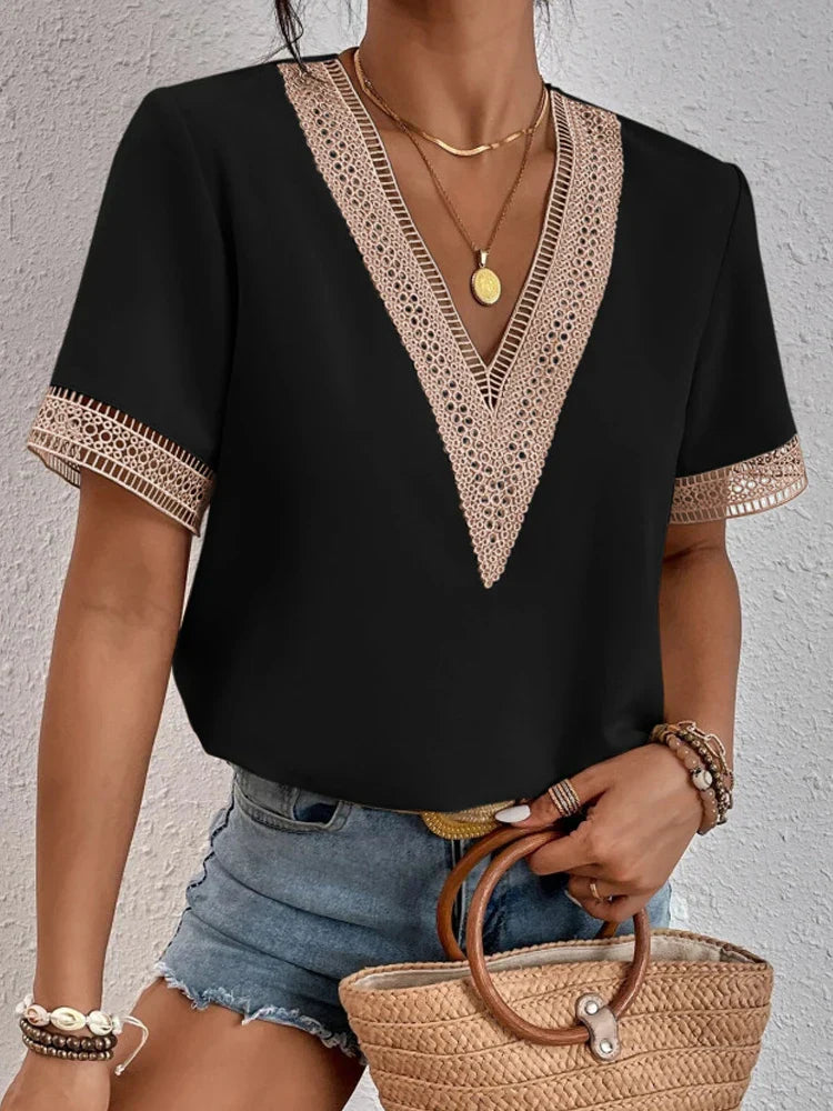 BOHO CHIC LACE-TRIM V-NECK TOP