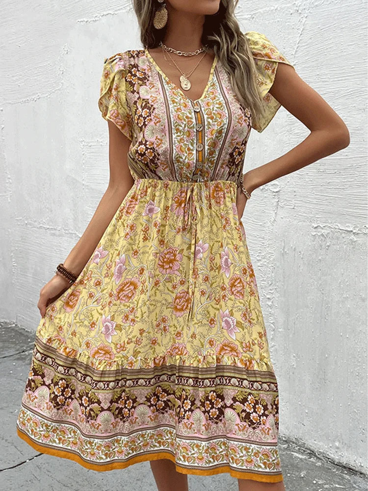 Celia - Green Floral Boho Midi Dress