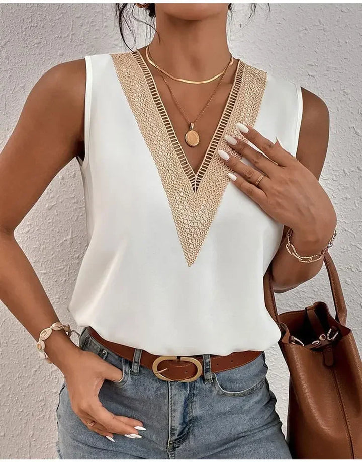 SLEEVELESS CHIC CROCHET V-NECK BLOUSE