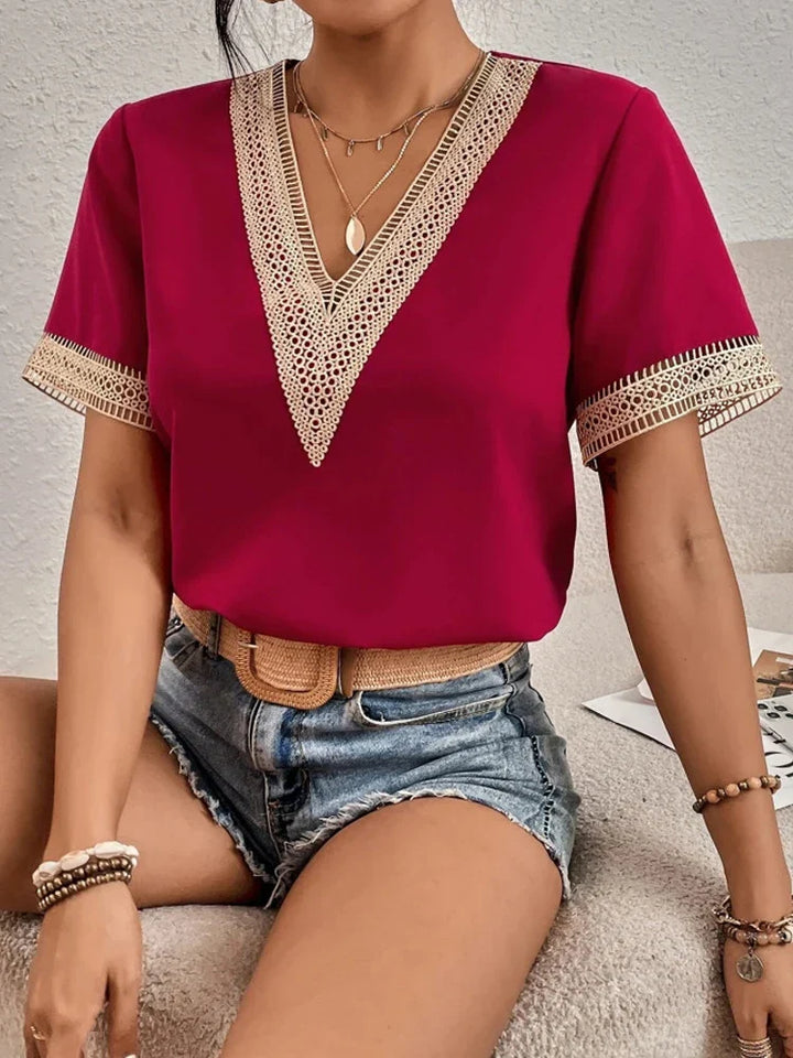 BOHO CHIC LACE-TRIM V-NECK TOP