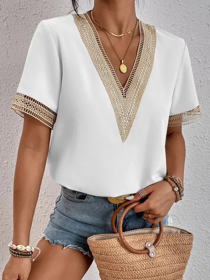BOHO CHIC LACE-TRIM V-NECK TOP