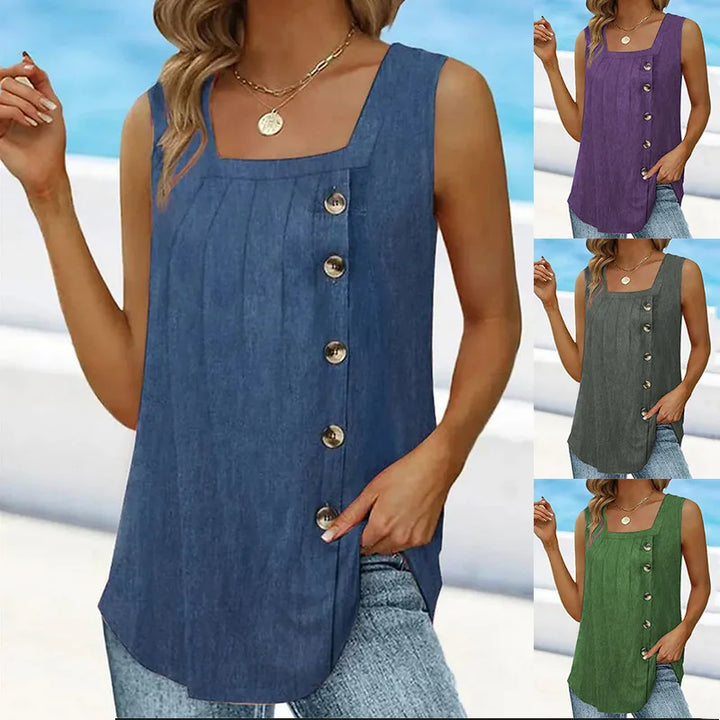 ASYMMETRICAL BUTTON-FRONT SLEEVELESS TOP