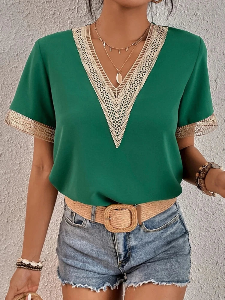 BOHO CHIC LACE-TRIM V-NECK TOP