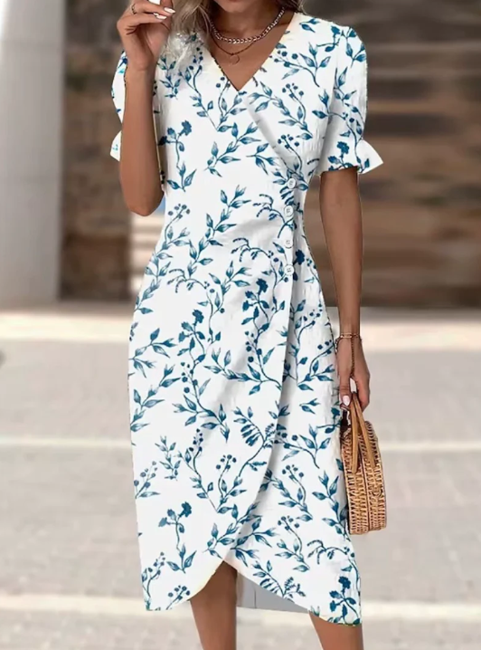 Elegant Midi Dress with Print & Button Closure