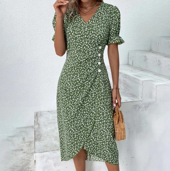 Elegant Midi Dress with Print & Button Closure