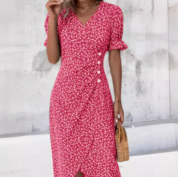 Elegant Midi Dress with Print & Button Closure