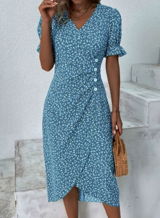 Elegant Midi Dress with Print & Button Closure