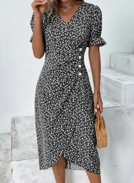 Elegant Midi Dress with Print & Button Closure