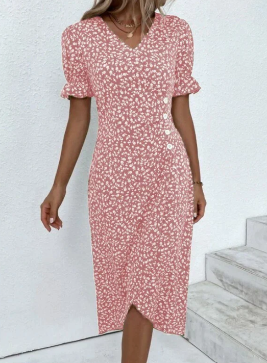 Elegant Midi Dress with Print & Button Closure