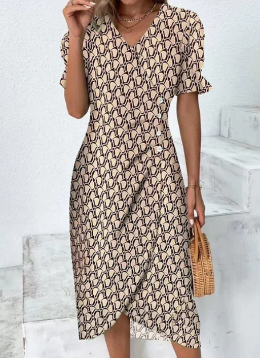 Elegant Midi Dress with Print & Button Closure