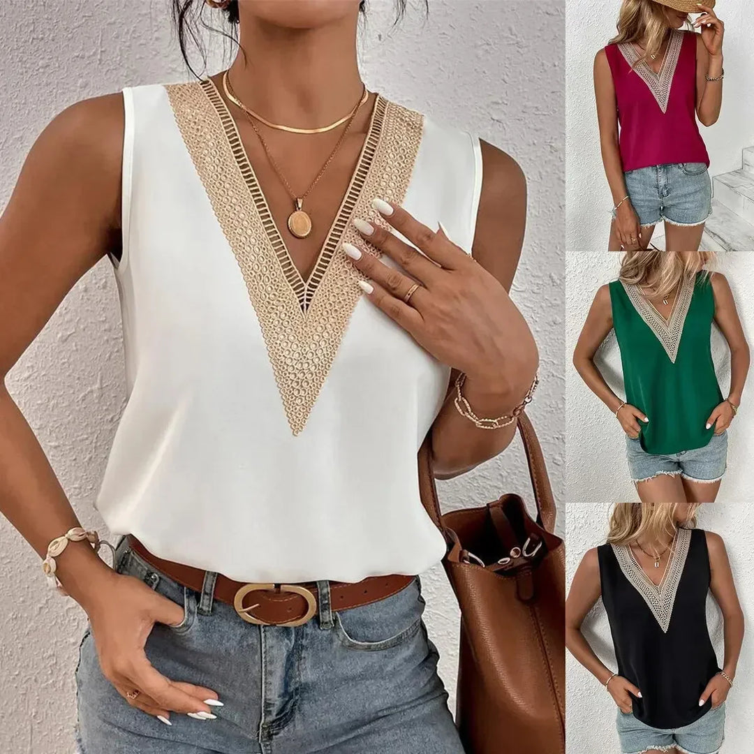 SLEEVELESS CHIC CROCHET V-NECK BLOUSE