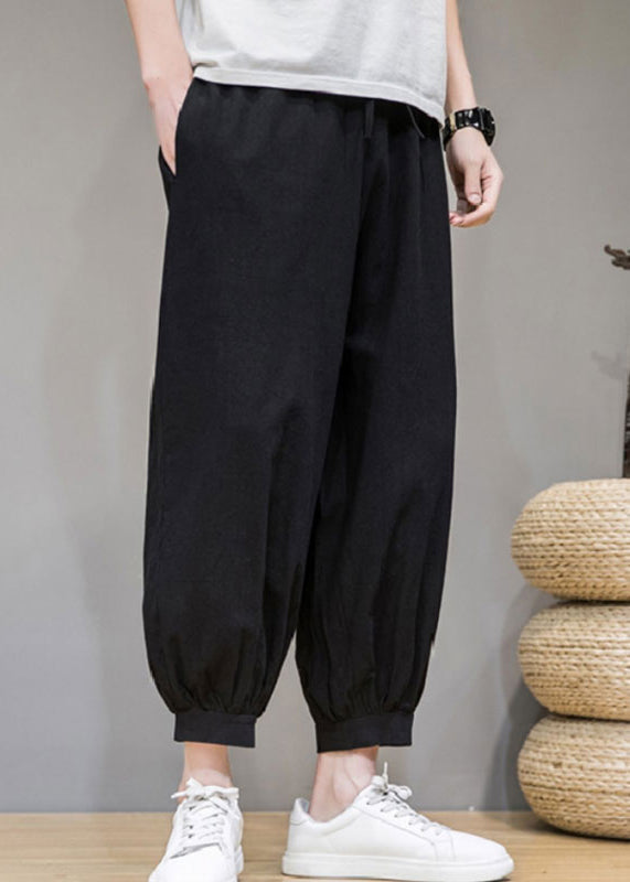 Jin - Simple Solid Pockets Cotton Men Crop Pants