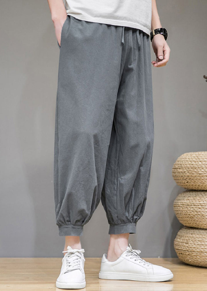 Jin - Simple Solid Pockets Cotton Men Crop Pants