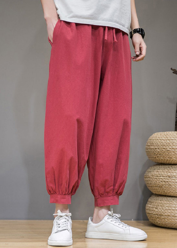 Jin - Simple Solid Pockets Cotton Men Crop Pants