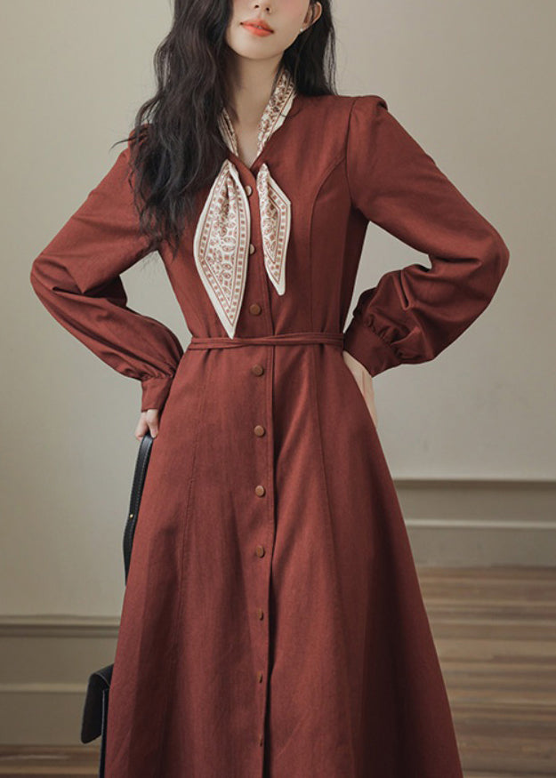 Slim Fit Red Bow Button Pockets Maxi Dress Spring