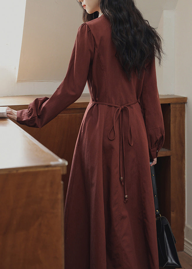 Slim Fit Red Bow Button Pockets Maxi Dress Spring