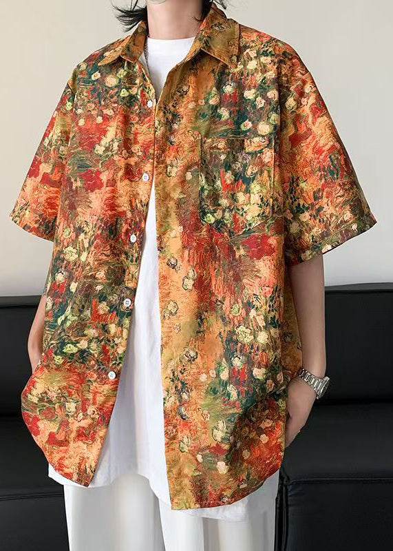 Stylish Orange Print Pockets Ice Silk Shirts Mens Half Sleeve