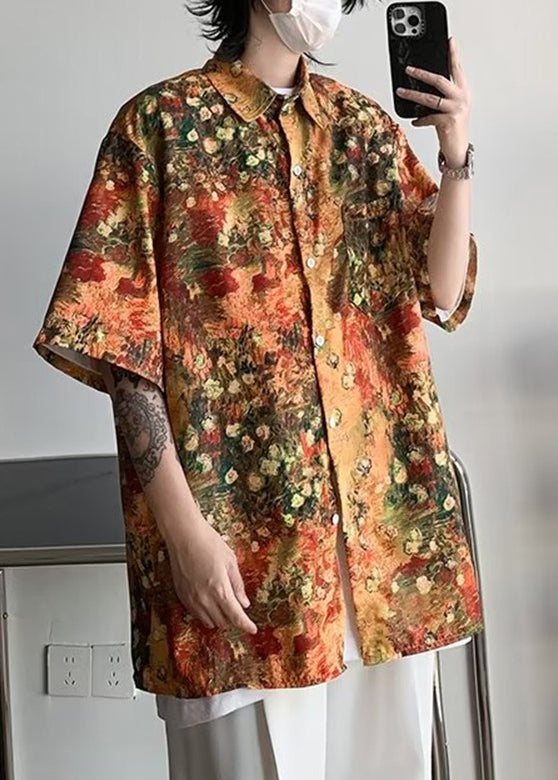 Stylish Orange Print Pockets Ice Silk Shirts Mens Half Sleeve
