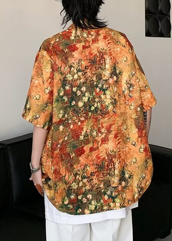 Stylish Orange Print Pockets Ice Silk Shirts Mens Half Sleeve