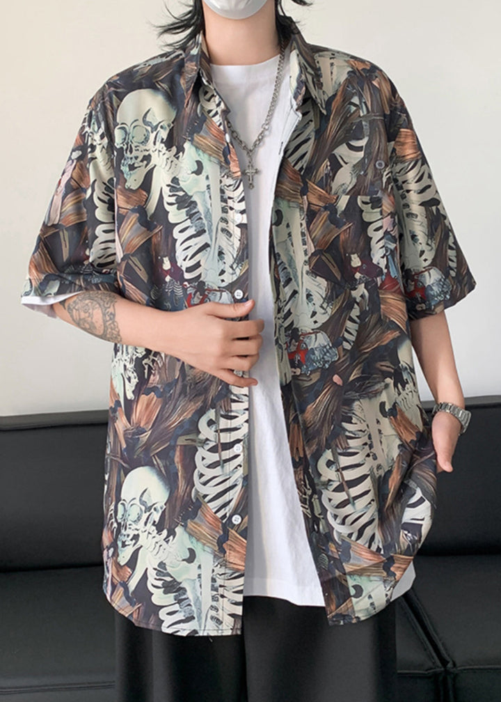 Stylish Peter Pan Collar Print Pockets Cotton Shirts Mens Half Sleeve