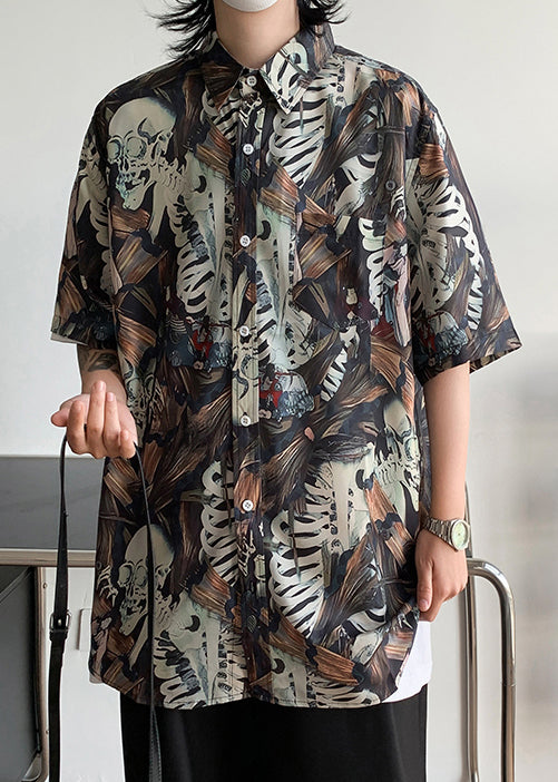 Stylish Peter Pan Collar Print Pockets Cotton Shirts Mens Half Sleeve