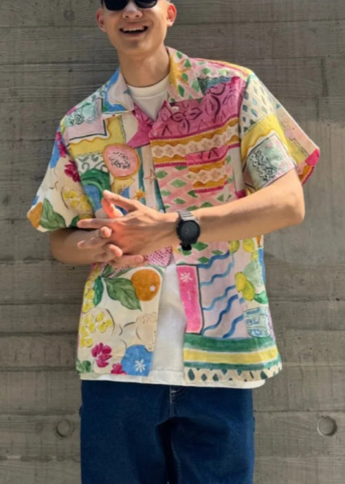 Unique Peter Pan Collar Button Print Cotton Men's Shirts Summer