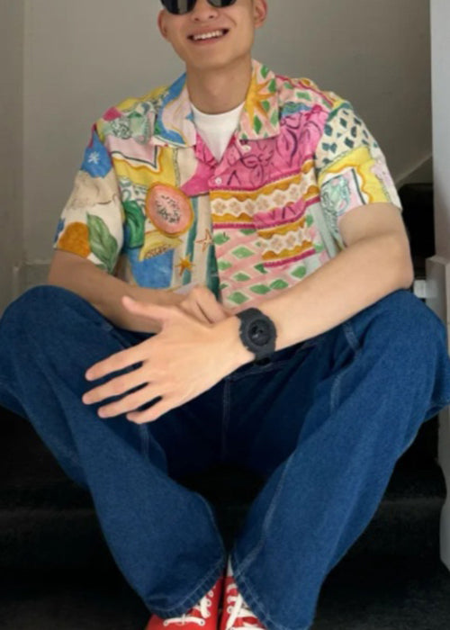 Unique Peter Pan Collar Button Print Cotton Men's Shirts Summer