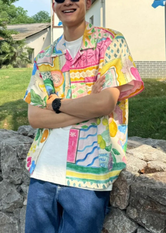 Unique Peter Pan Collar Button Print Cotton Men's Shirts Summer