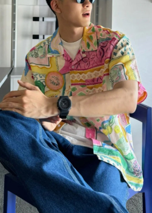 Unique Peter Pan Collar Button Print Cotton Men's Shirts Summer