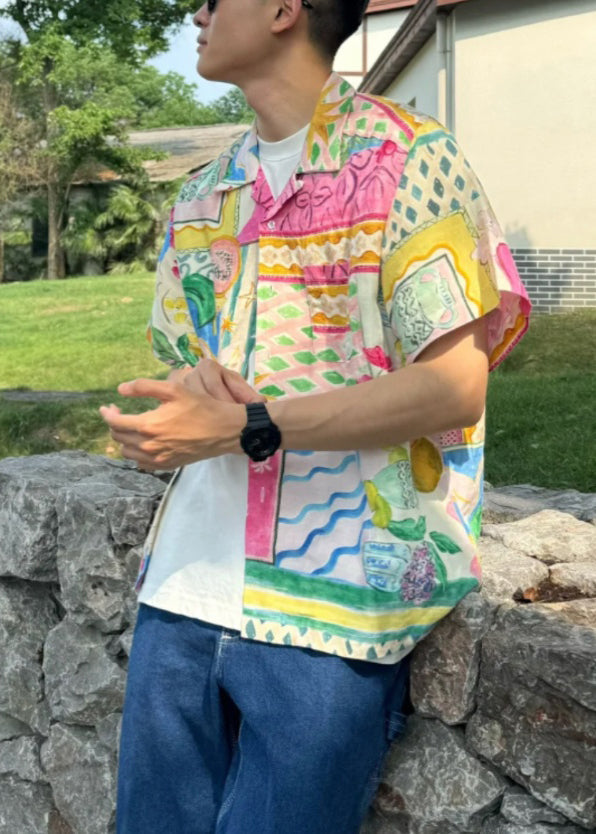 Unique Peter Pan Collar Button Print Cotton Men's Shirts Summer