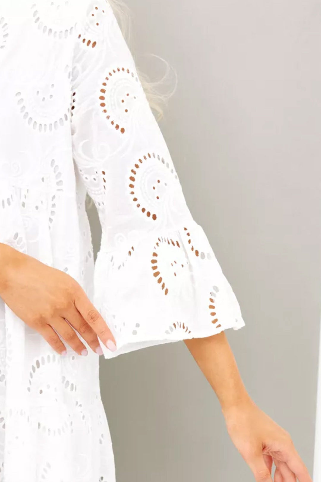 Cotton dress with embroidered sleeves and V-neckline