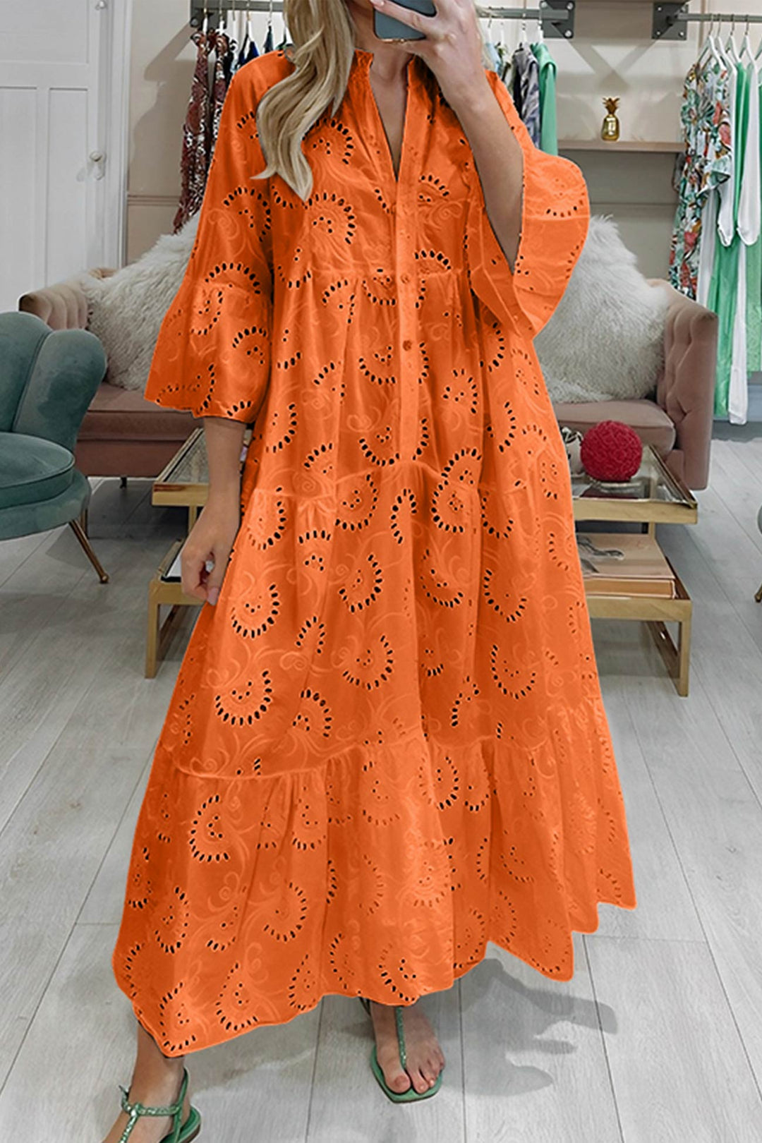 Cotton dress with embroidered sleeves and V-neckline